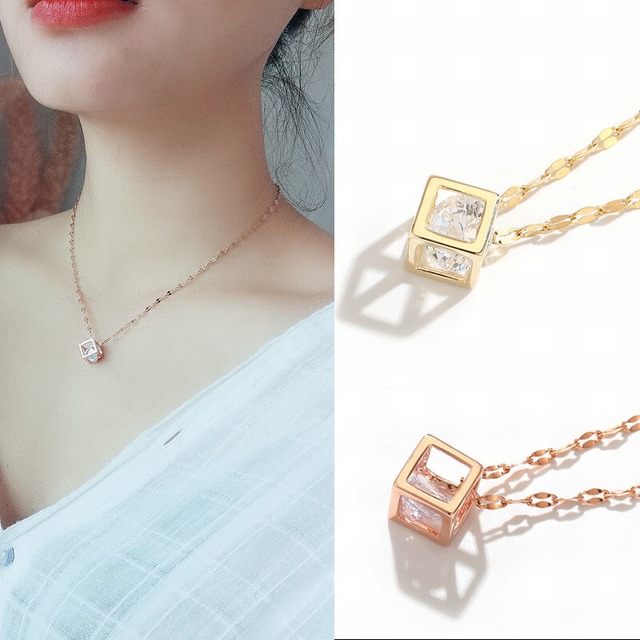 ネックレス キューブ CZ チェーン付き 金属アレルギー対応 ペンダント 