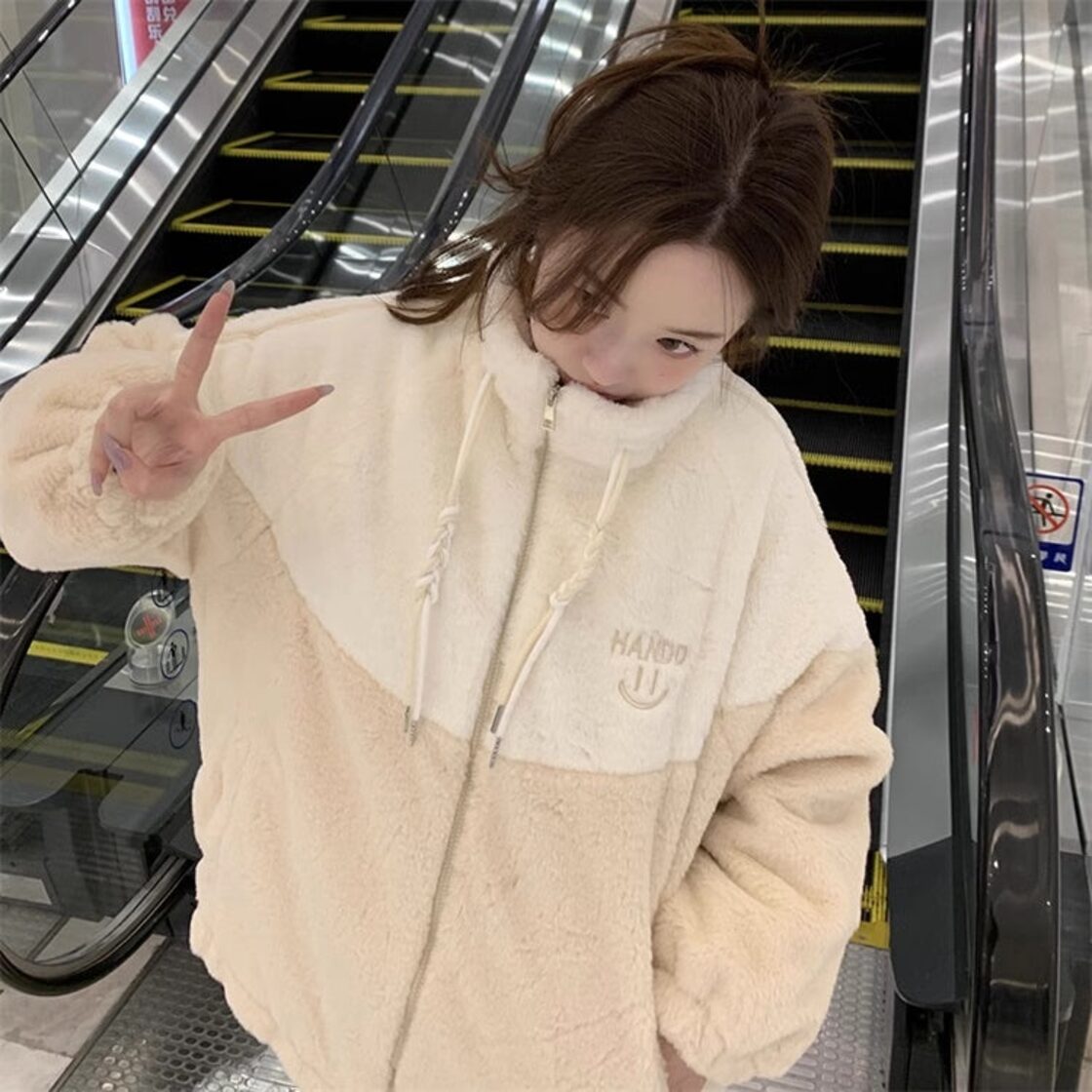 ボア ジャケット レディース 韓国 ファッション バイカラー ジップ 