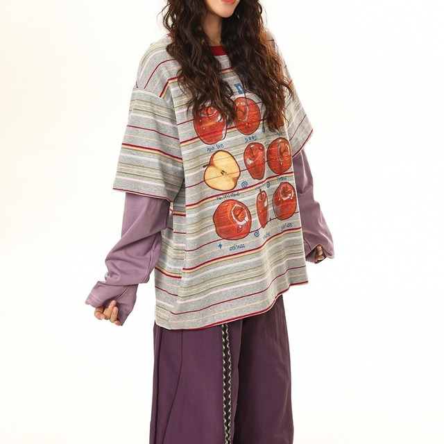 アップルグラフィックマルチボーダーレイヤードTシャツ 2col   R01765