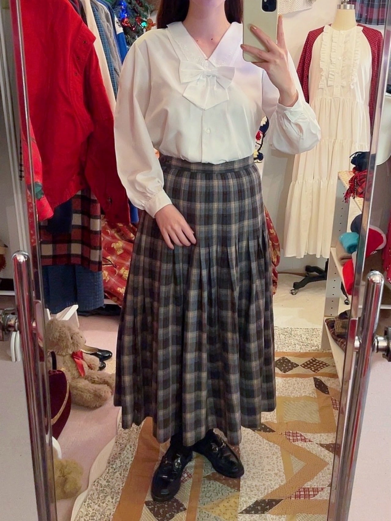 brown check tuck wool skirt