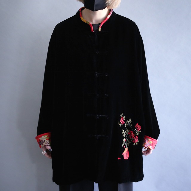 ”和×モード" china motif design black velours shirt