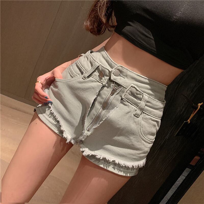 破れたデニムパンツ女性夏ハイウエスト生エッジフェイクツーピースショーツ2020新しい薄切片ストレートスリムパンツ ブラックストロベリース64994407276