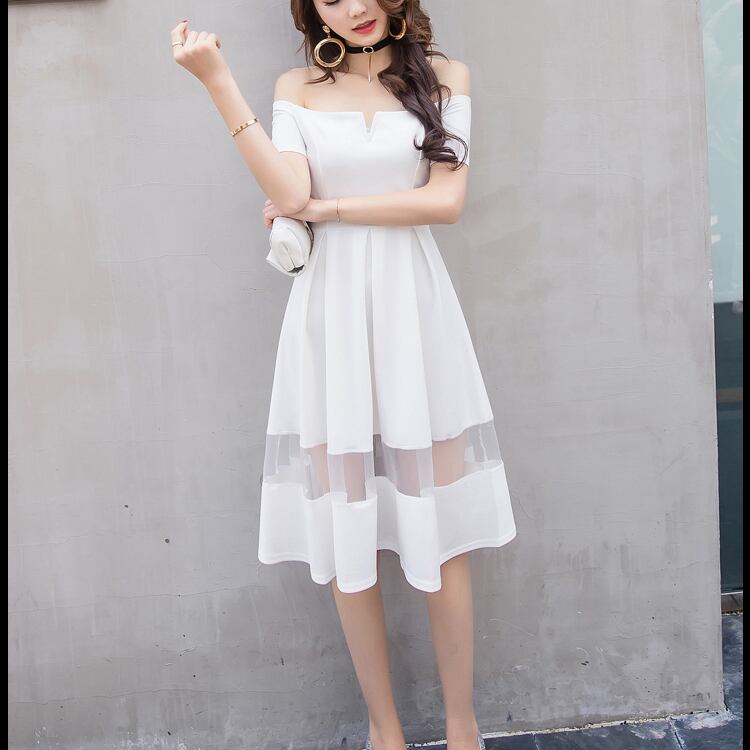 オフショル ワンピース 痩せて見える万能 ワンピ ホワイト