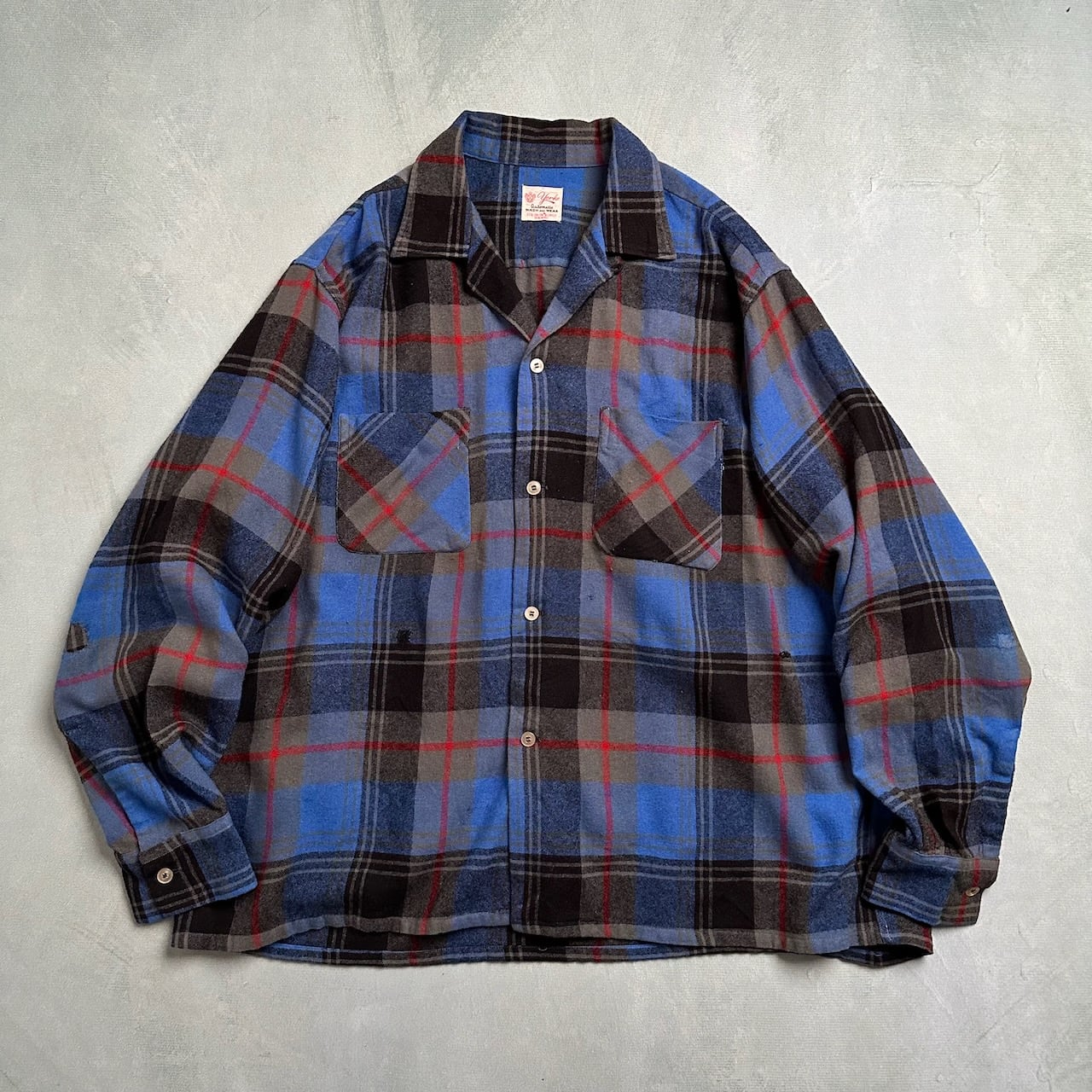 50s〜60s ヴィンテージウールシャツブルーチェック開襟オープンカラー