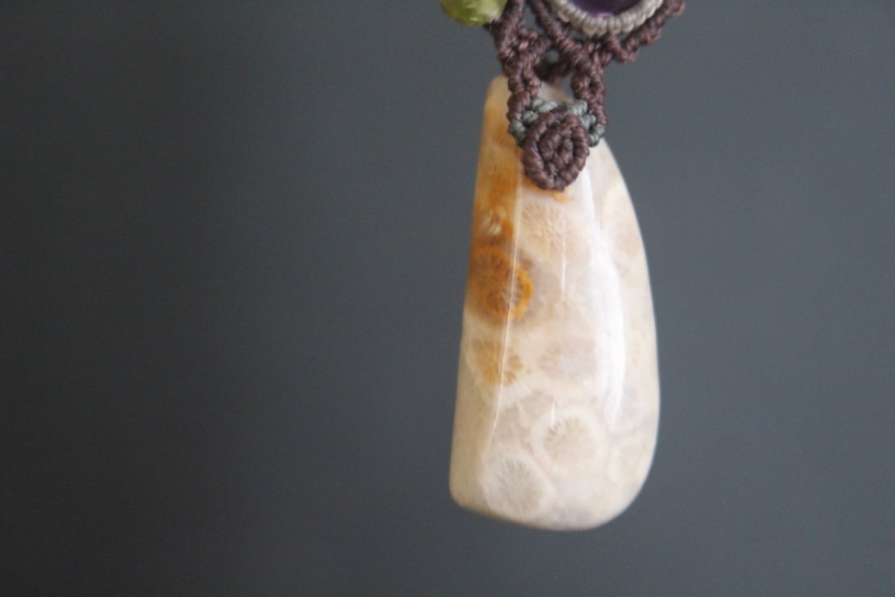 Fossil Coral & Sunstone & Amethyst micro macrame  pendant