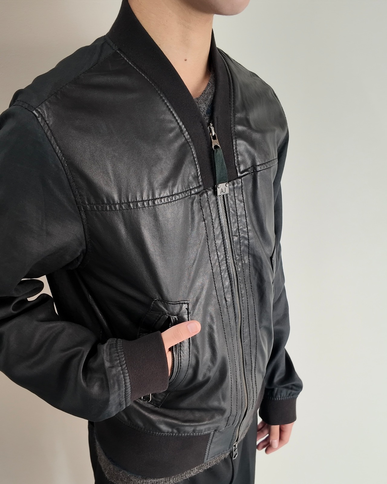 【ARMANI Jeans】leather coating linen switching blouson