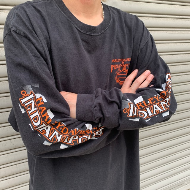 USA製 ハーレーダビッドソン スリーブロゴロンT チェッカーフラッグ 黒 XL