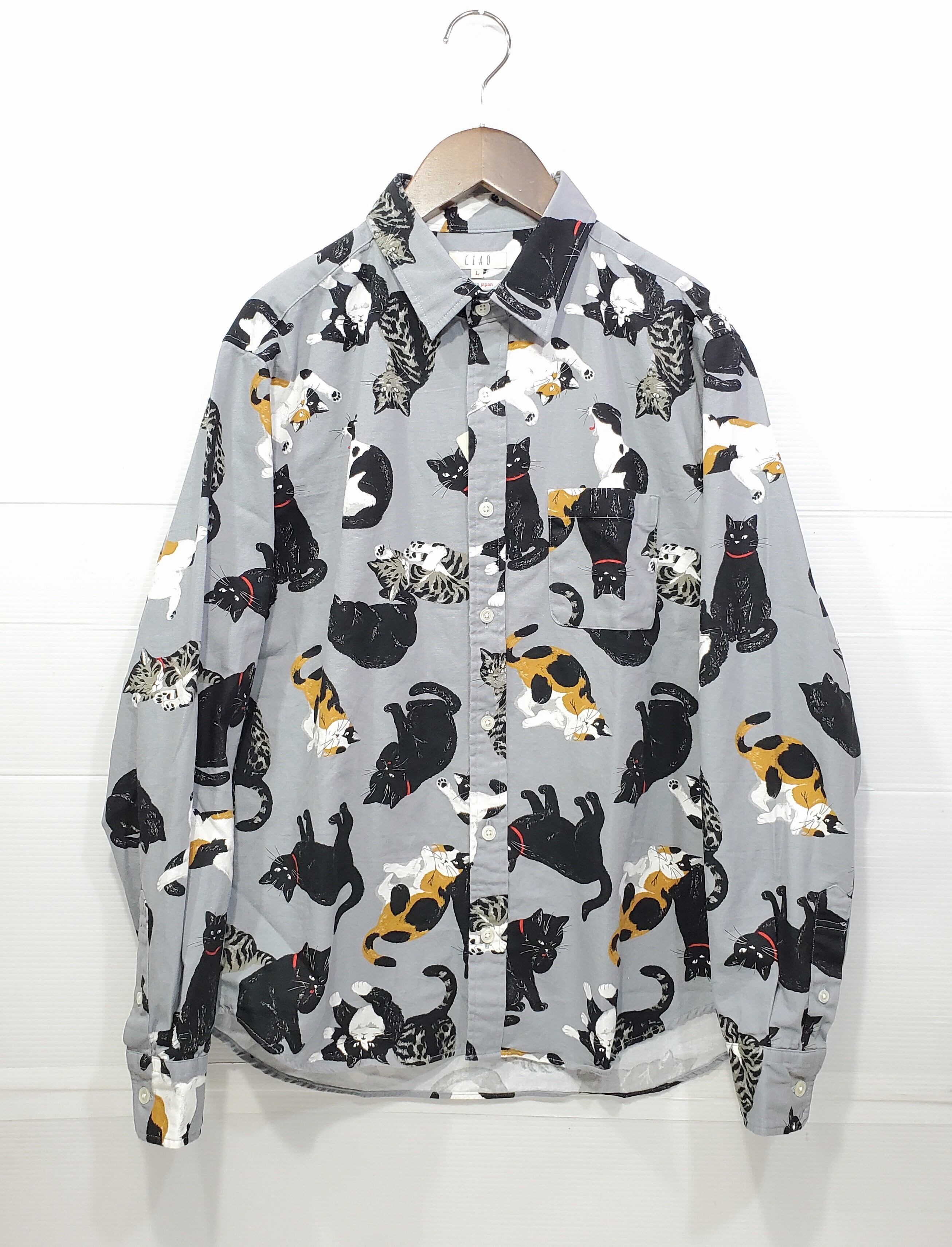 ネコいっぱい国産シャツ（グレー）