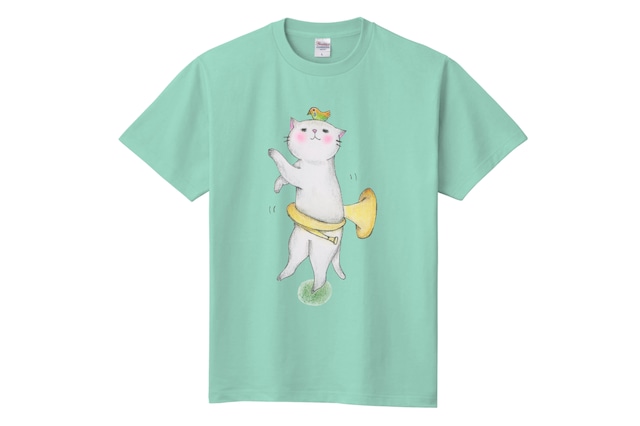 ホルン猫のＴシャツ(ペパーミントグリーン)