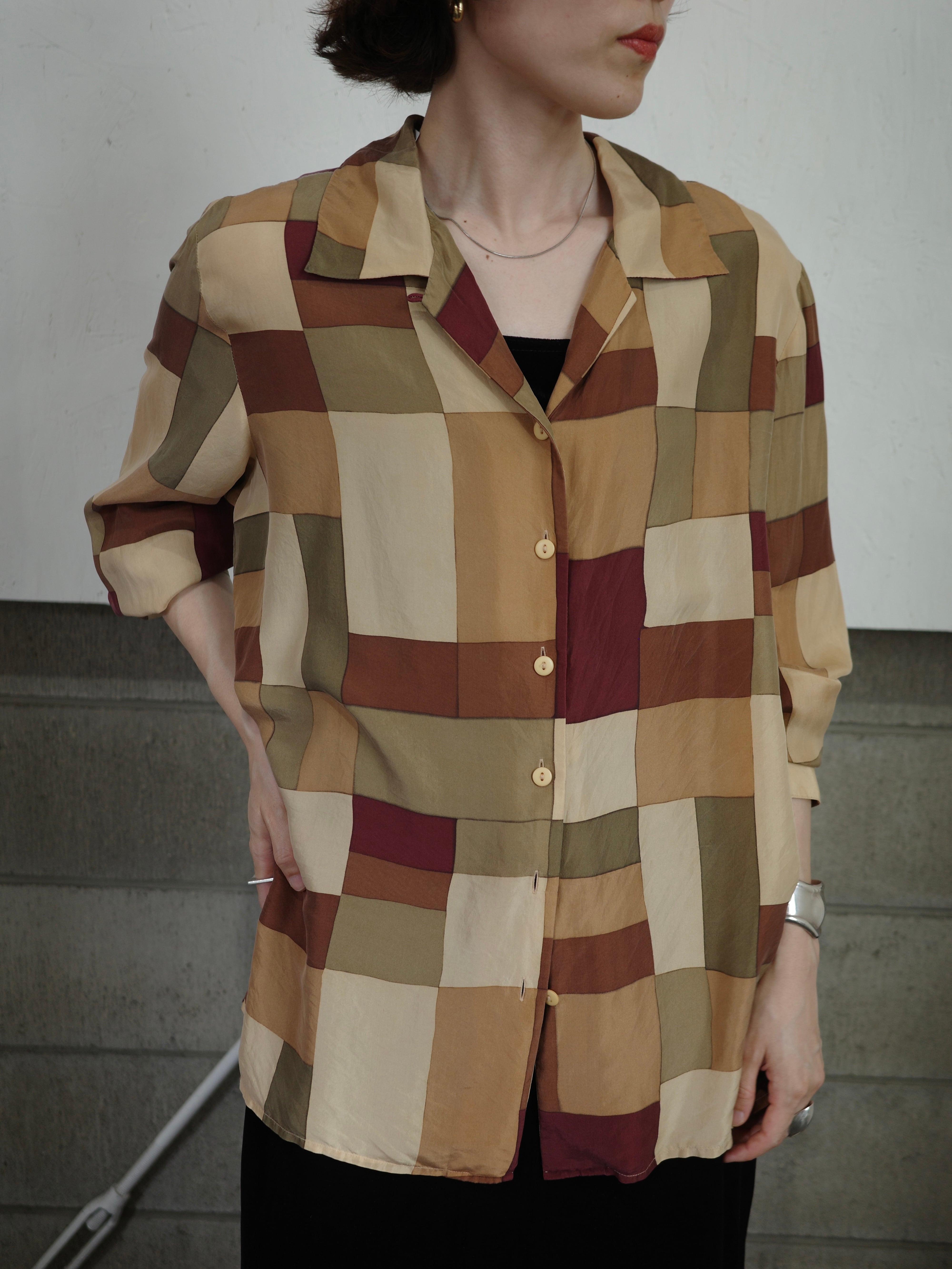 <vintage>block check silk shirt