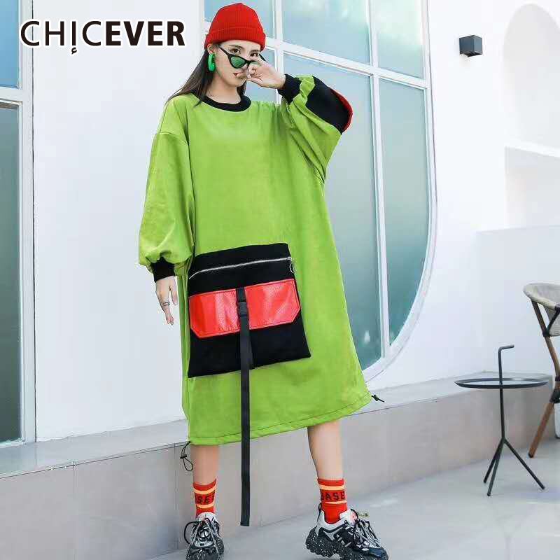 CHICEVERドレス女性Oネックランタン長袖パッチワークポケットヒットカラー特大ドレス2020服 ロング 6base517705151594