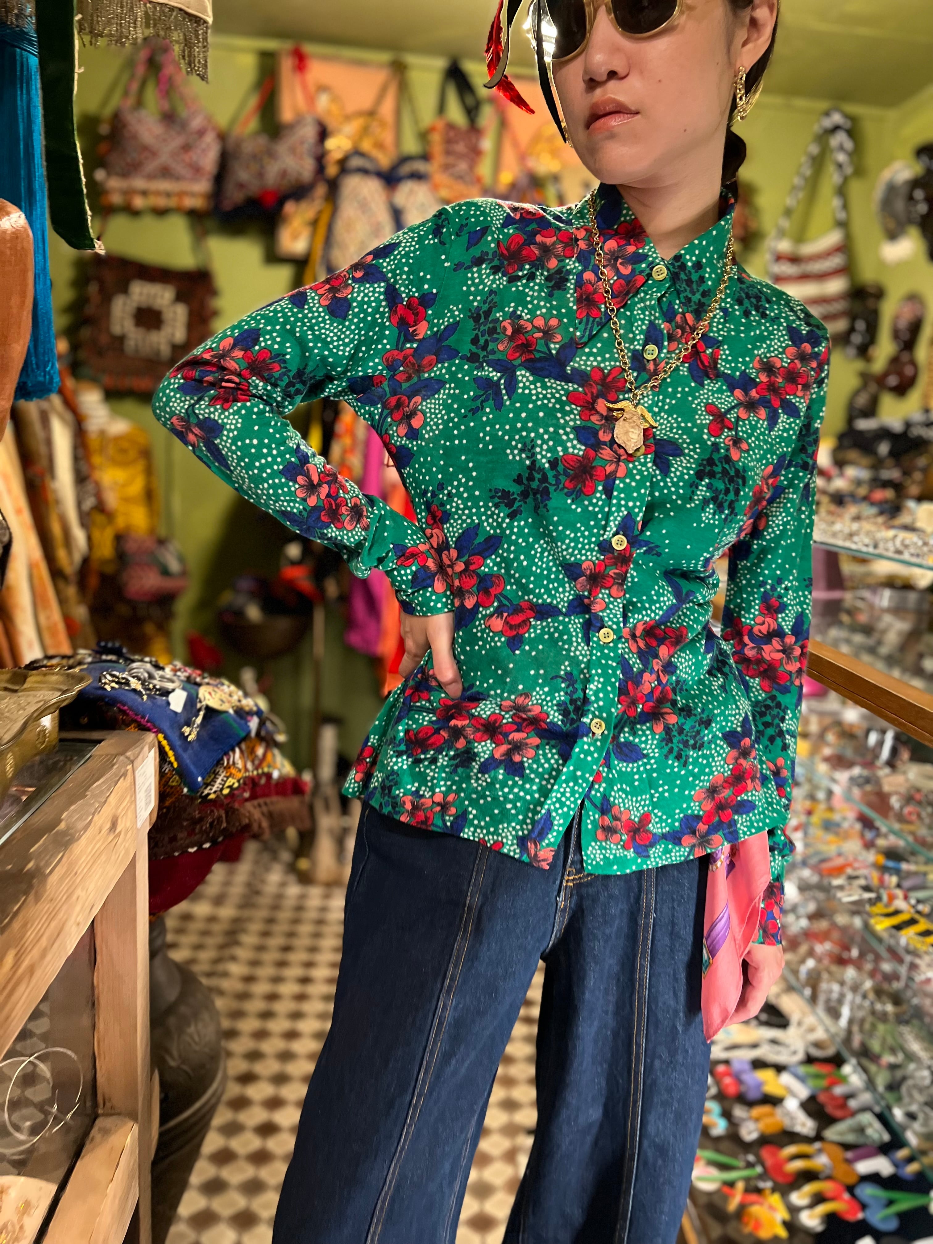 70s ITALY green × floral shirt ( ヴィンテージ イタリア グリーン 花 ...