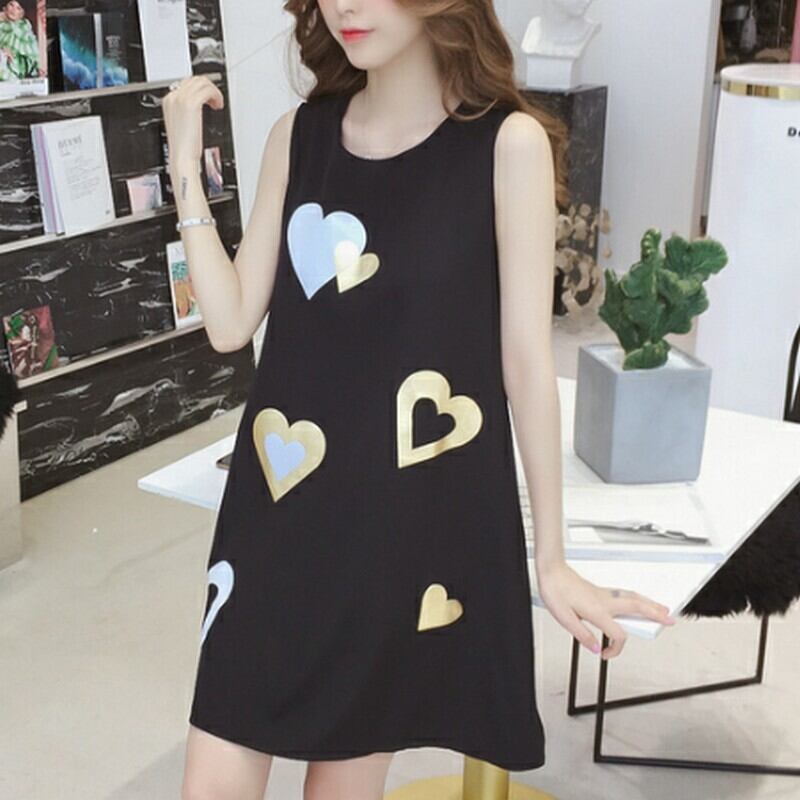 【新作】【送料無料】 夏の愛の印刷マタニティドレスノースリーブブラックAライン妊娠中のドレス妊娠中の女性ルーズマタニティ服 サマー 夏物 AL expec340544961099