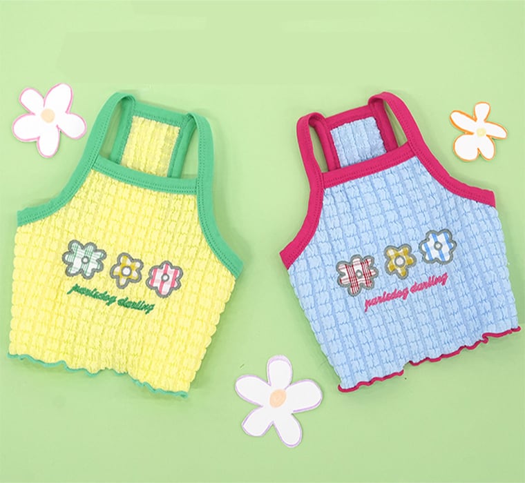 【予約商品5％OFF】triple flower bubble crop t-shirt S ~ XL 2color  /  犬服 春夏 新作 可愛い 犬の服 Tシャツ ショート丈 トップス crop top お揃い ドッグウェア 涼しい ストレッチ シンプル