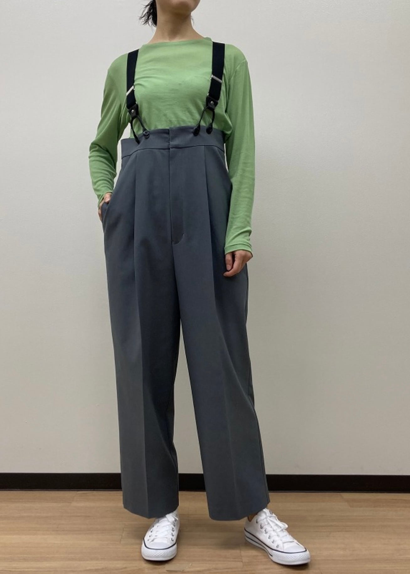 【送料無料】ATELIER SIX(アトリエシックス) サスペンダーパンツ グレー タックワイドパンツ ハイウエスト 21241304