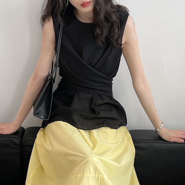 waist ribbon sleeveless blouse L0489