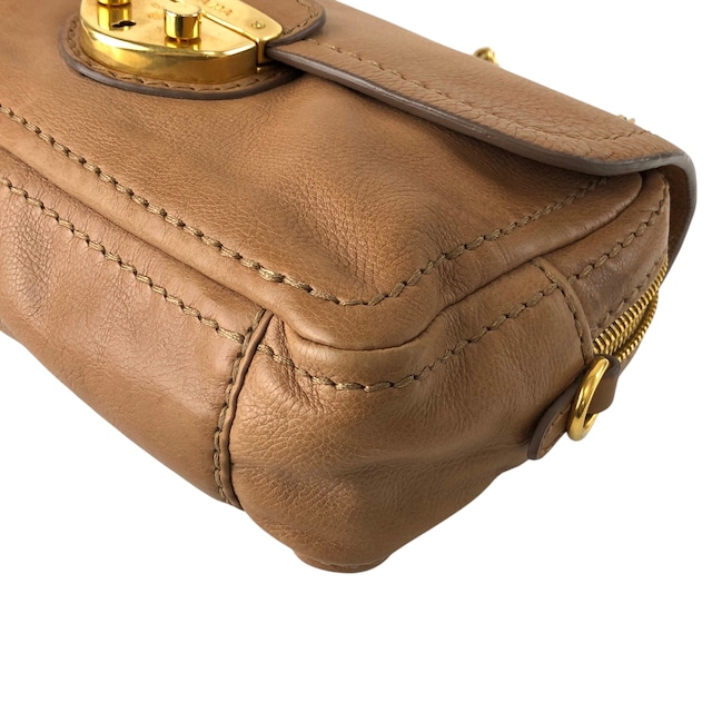 PRADA プラダ ショルダーバッグ ブラウン フロントロック レザー チェーン vintage ヴィンテージ オールド gkm4zp