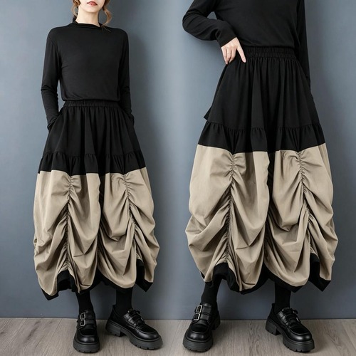 大きいサイズ 新品 秋冬 バルーンスカート ワイドパンツ ギャザー切替 モード