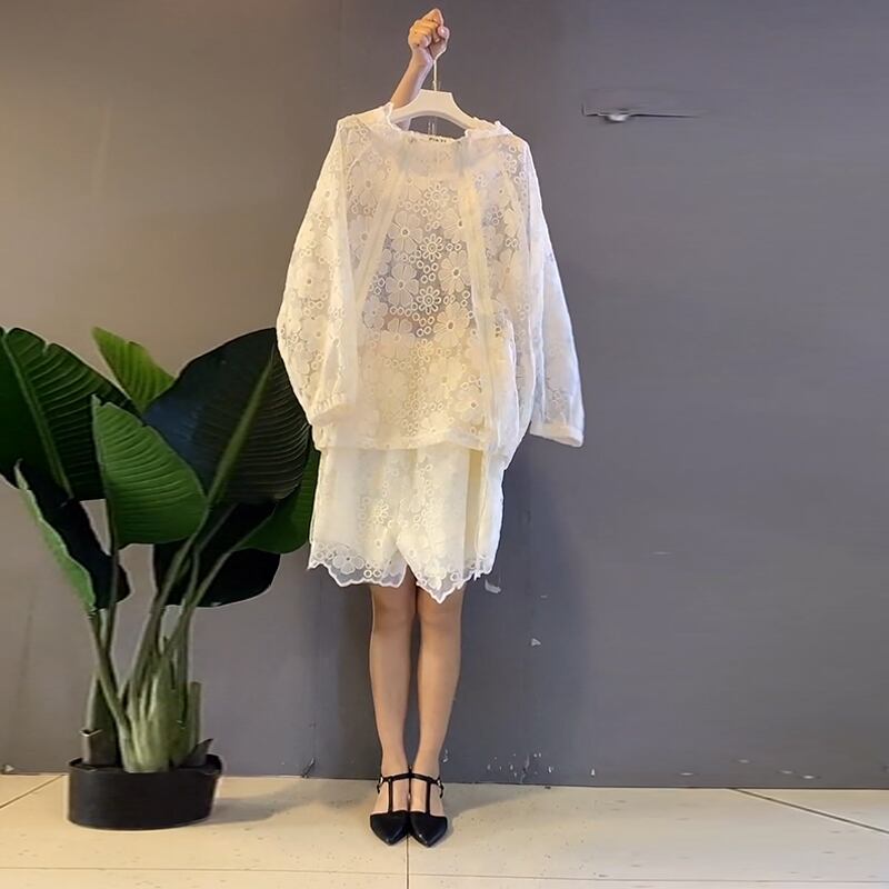 サマーフードレースブラウス ルーズ薄手ショーツ 大きめサイズ 夏物 ブルマー ミックスインファッション33965623872