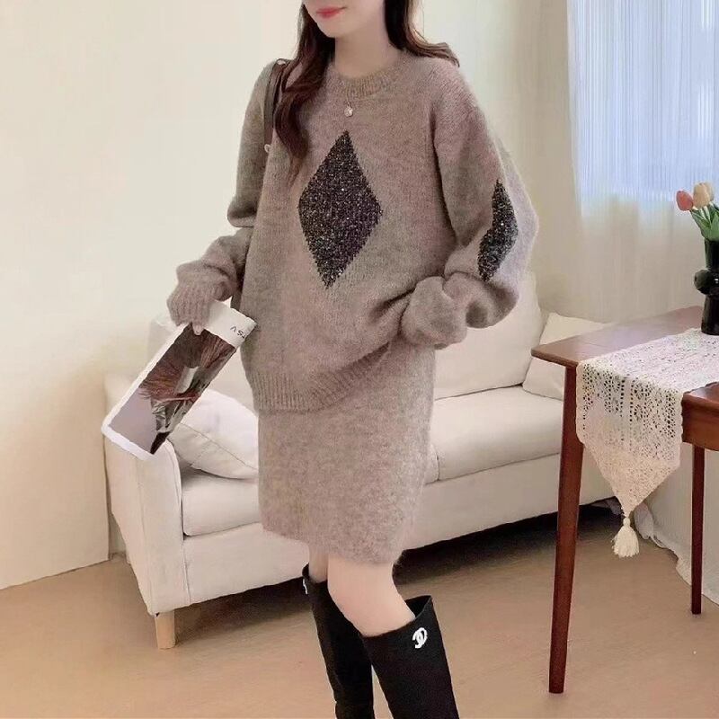 【set】丸首セーター×スカートセット Q6490