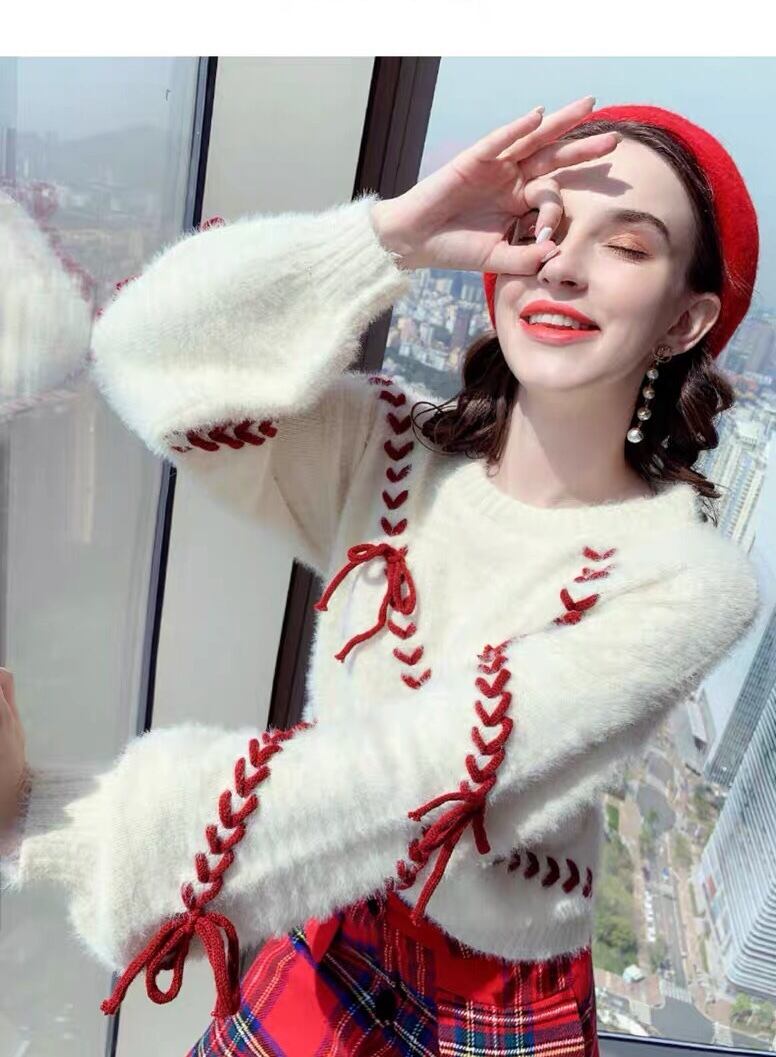 セーター リボン 赤 白 ガーリー トップス XL | LOVEYsmileSHOP