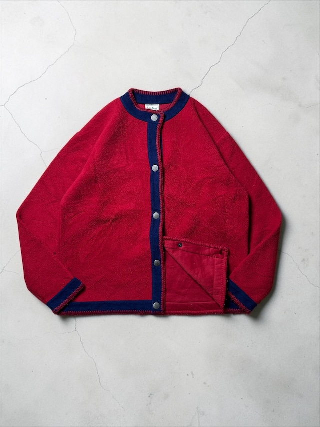 ［90s］L.L. Bean Freeport Maine Red Fleece vacket Navy Trim Blanket Stitch Snap Front Jacket Made in USA