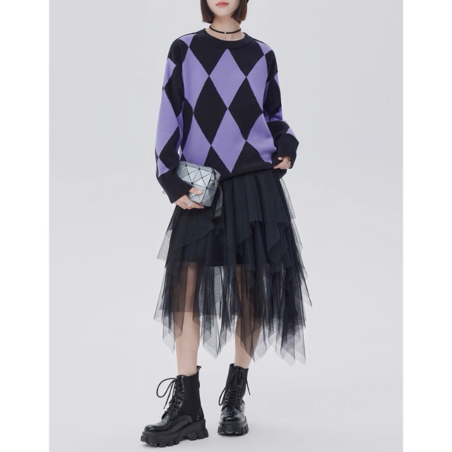 Bold argyle knit sweater C1410