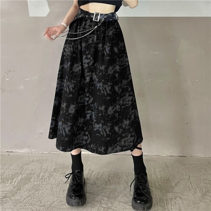 サマーロングスカート ダークスタンダードルーズハイウェストウェストAライン レトロ 夏物 ケッペル71742976420