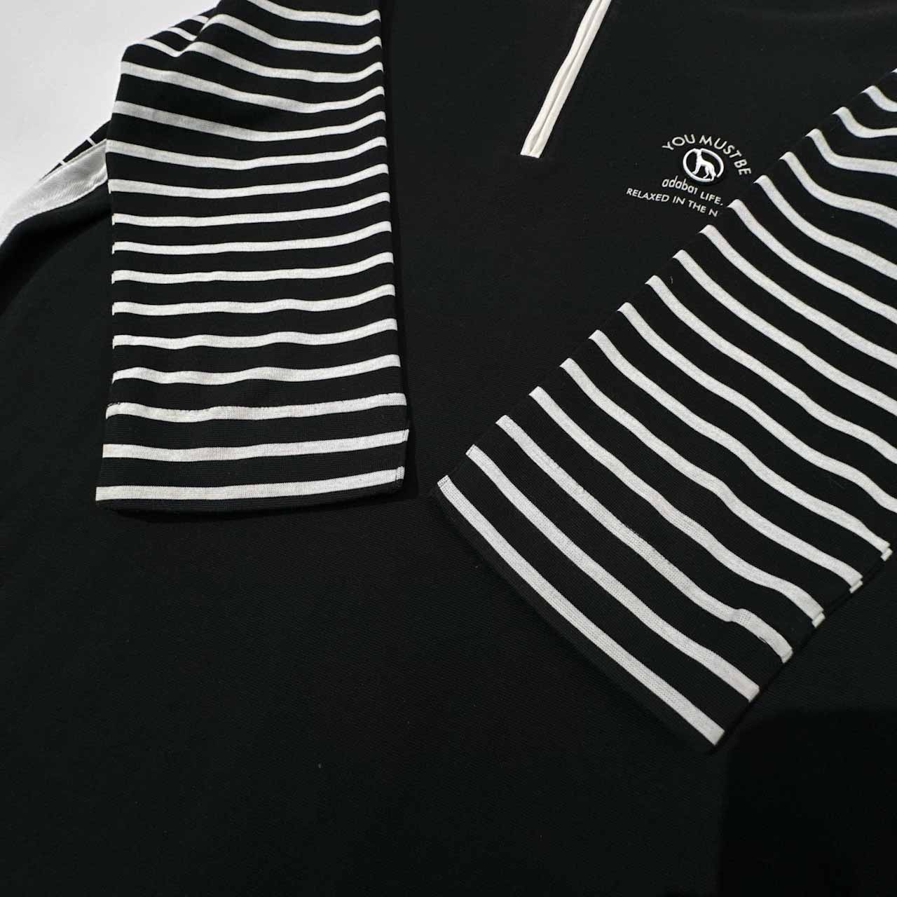 adabat アダバット ボーダー柄 切替ハーフジップ 七分袖 シャツ 天竺コットン サイズ 40 /レディース/ゴルフ/ワールド/日本製/ブラック