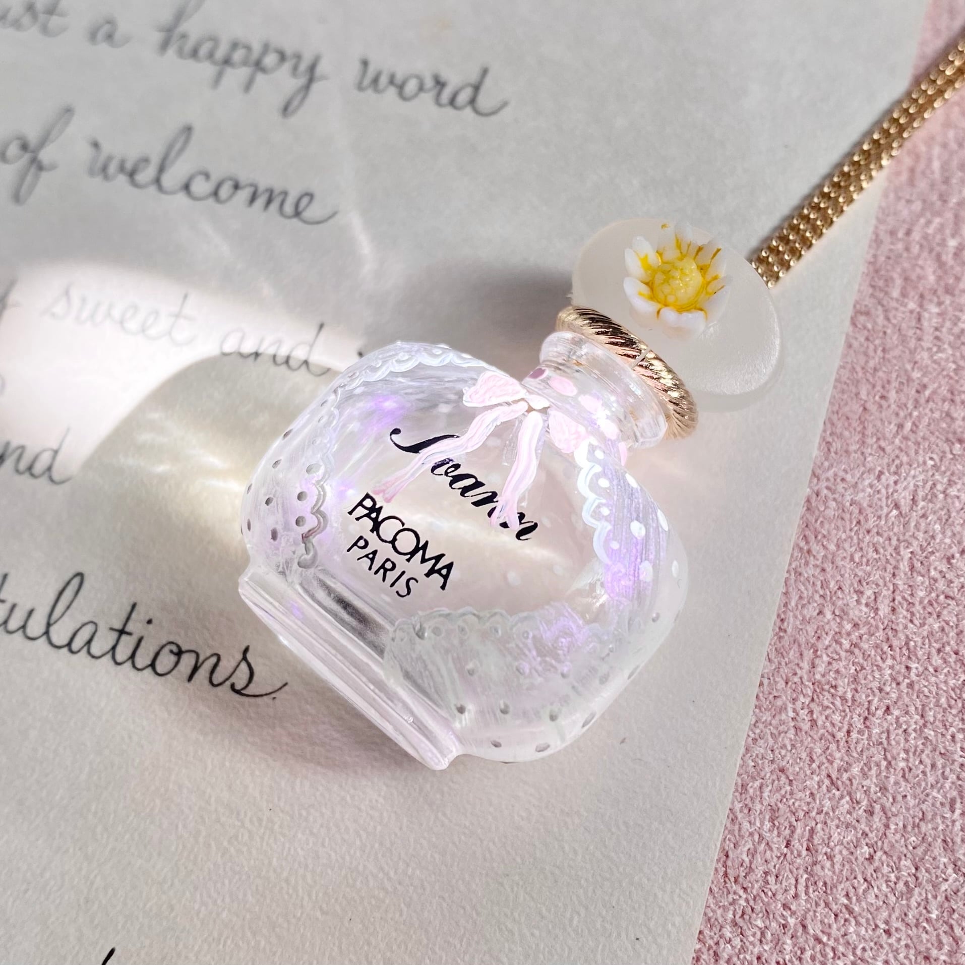 (レースリボン)Hand painted perfume neckless ペイント香水瓶ネックレス