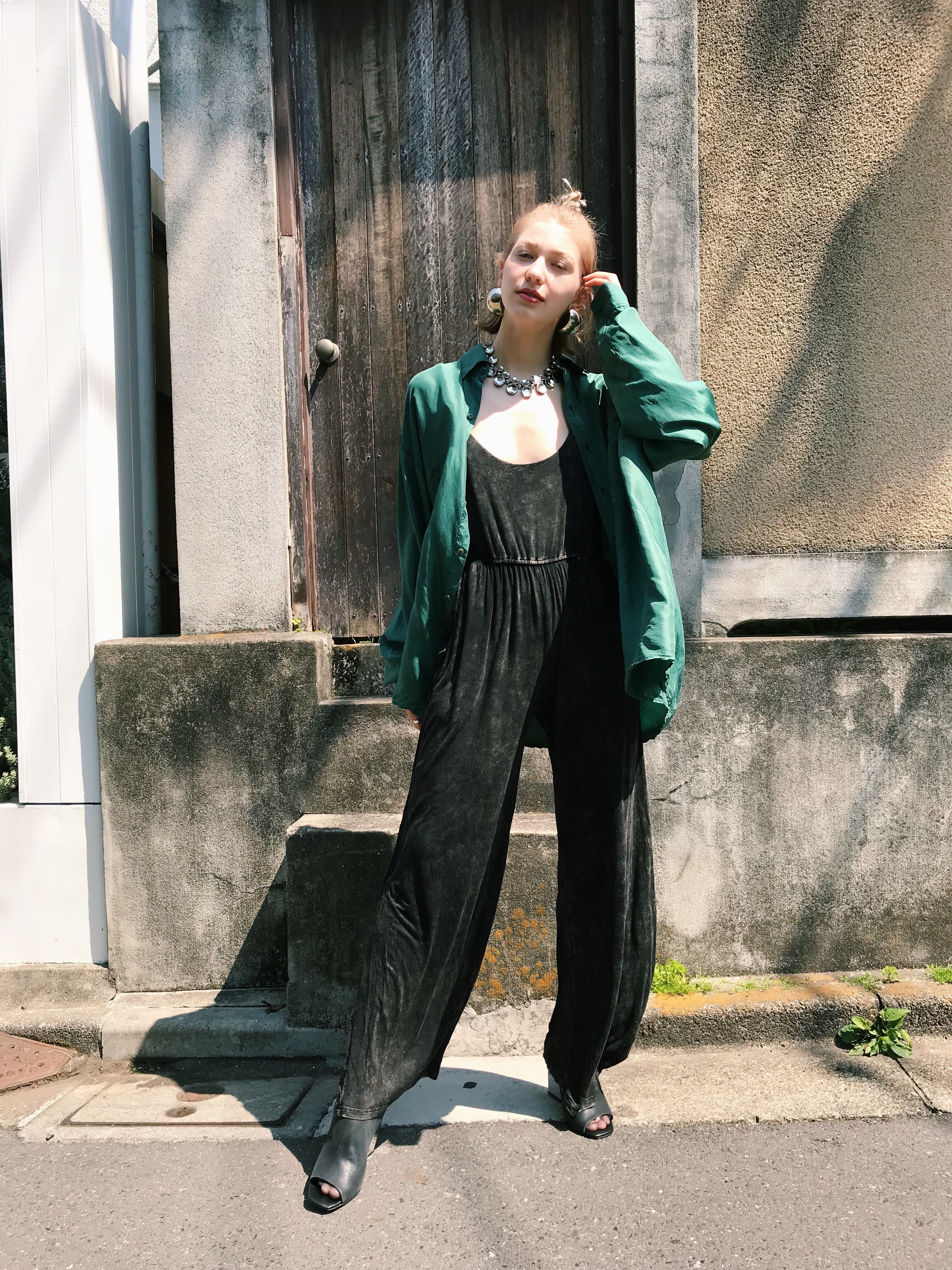 80s green big silk shirt ( ヴィンテージ グリーン ビッグ シルク