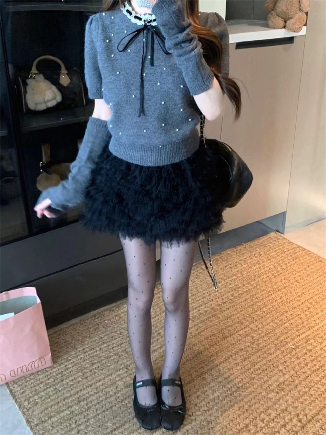 アームウォーマー付きパールガーリーニットトップス LK1817