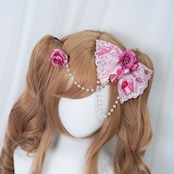 ♡【全2色】姫GAL ピンクローズ&パールチェーン レースリボンダブルヘアクリップ vivid pink ♡