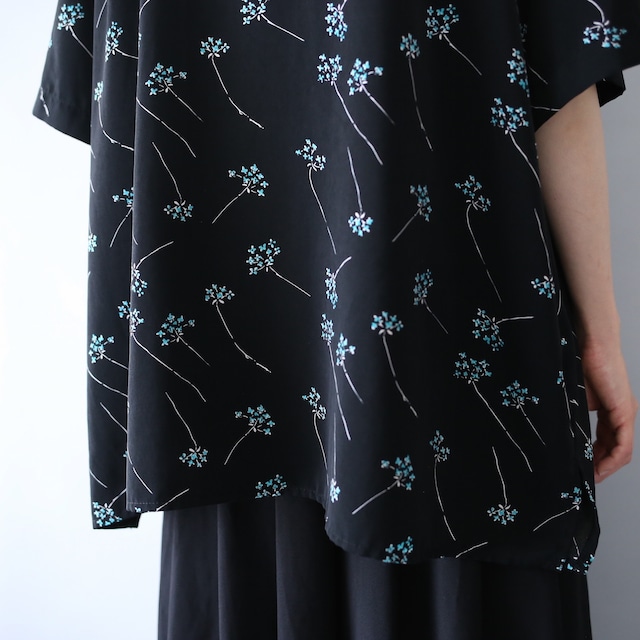 "花柄" black base turquoise blue flower pattern box silhouette open collar  h/s shirt