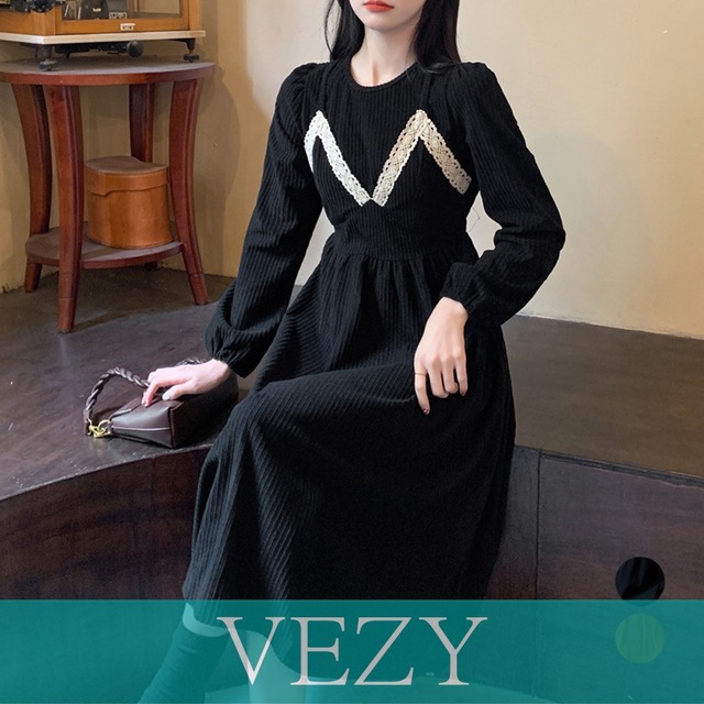 コーデュロイワンピース レイヤード風秋冬 大人可愛い ロングワンピース 厚手 重ね着風 オシャレ Aラインワンピース 長袖レトロ 体型カバー きれいめ ワンピース チュニック ベジー VEZY ItemNo.【19943189 】