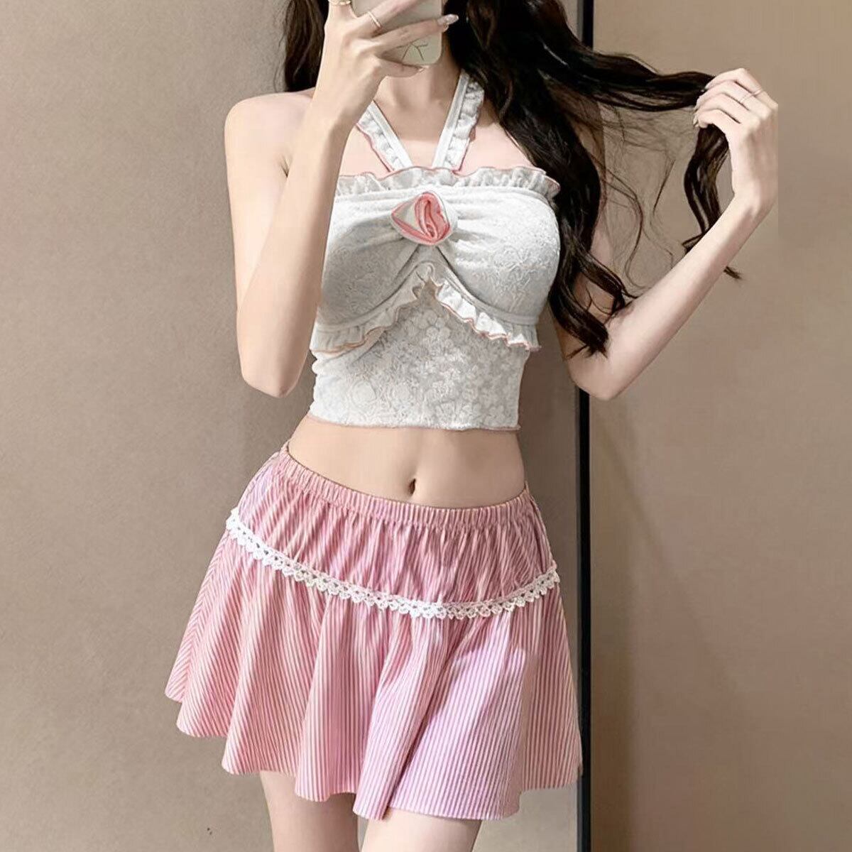 スカート付き 水着 ビキニ 3点セット レディース 夏 韓国 ホルターネック ビーチ 海水浴 プール レジャー 大人 かわいい きれいめ ビーチウェア 露出控えめ フラワー フリル フェミニン 大人可愛い 大人女子