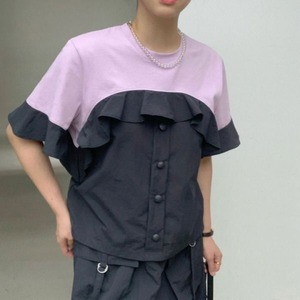 Tシャツ トップス フリル ボタン バイカラー ラウンドネック