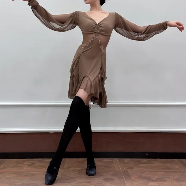 ロングスリーブ スリットスカート ミニアシンメトリー ダンスドレス ds1441