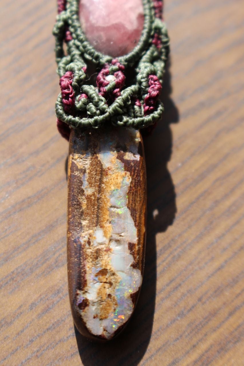 Boulder opal & Rhodochrosite micromacrame pendant