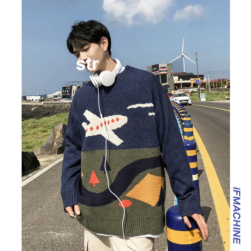 Road、Vintage、Autumn、ese Style、Contrasting Color、Fun Pattern Sweater、Men's Trend、Round Neck、All-match Pullover Knitwear-Alibaba オータム 秋物 Oネック ビンテージ hip6-161110558048803