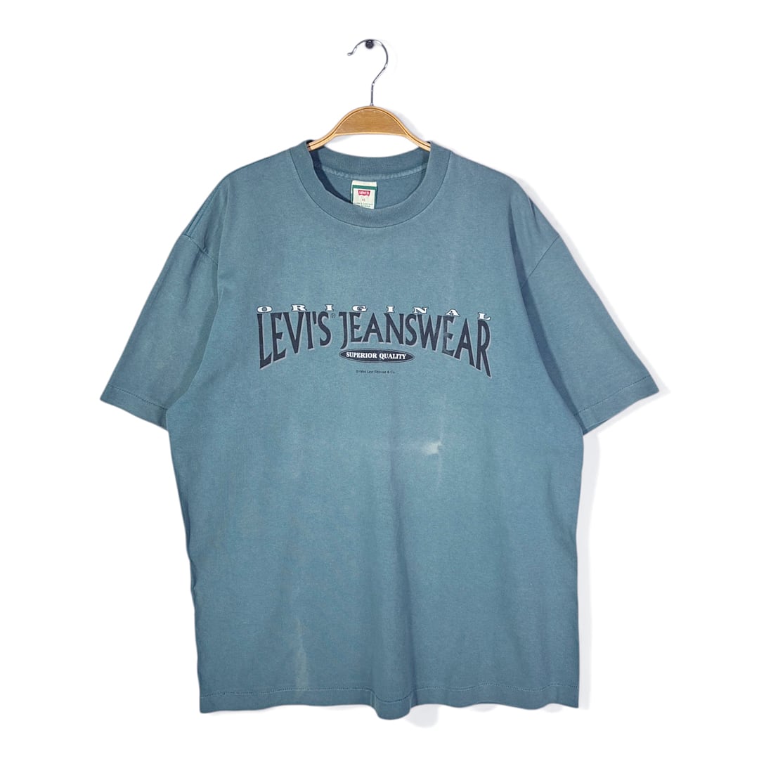 90s リーバイス USA製 ヴィンテージ Tシャツ 青緑 シングルステッチ Levis サイズXL 古着 BZ0544