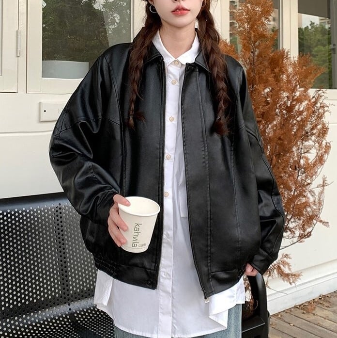 ショート PUレザー ジャケット アメリカンカジュアル 韓国 g303 韓国通販 dgo】UNISEX ショートレザー ブラック ジャケット
