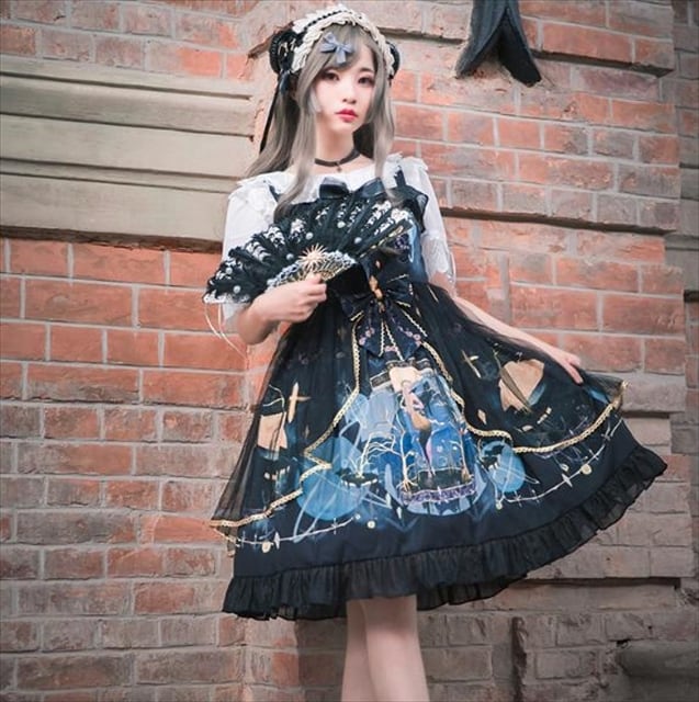 SEASONZ レディース ゴスロリ ロリータワンピース シフォン ノースリーブ 膝下丈 ウエストリボン フリルスカート メイド 夢可愛い コスプレ フェス ゆめかわ