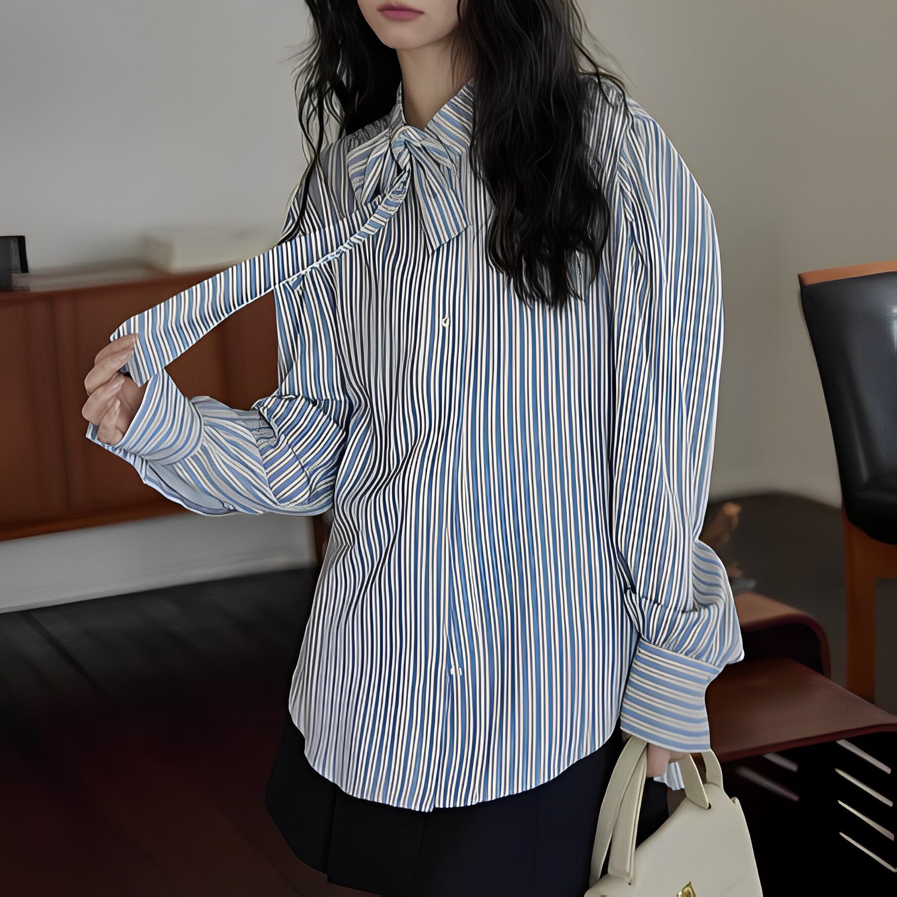 ストライプリボンタイブラウス 00415