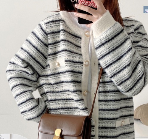 ニットカーディガン レディース カーディガン ジャケット セーター ボーダー ストライプ パールボタン カジュアル お出掛け きれいめ 長袖 ラウンドネック フロントボタン 秋冬 ゆったり カーデ