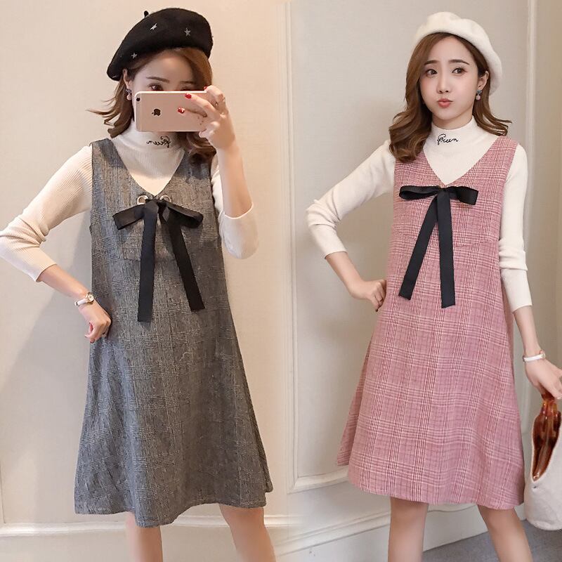 【新作】【送料無料】 マタニティウェア2020秋冬の新しいツーピースセット妊婦、年齢を減らし、人形の襟のトップとチェック柄のミドル丈のベストスカート-アリババ オータム 秋物 ウィンター 冬物 expec224839100298