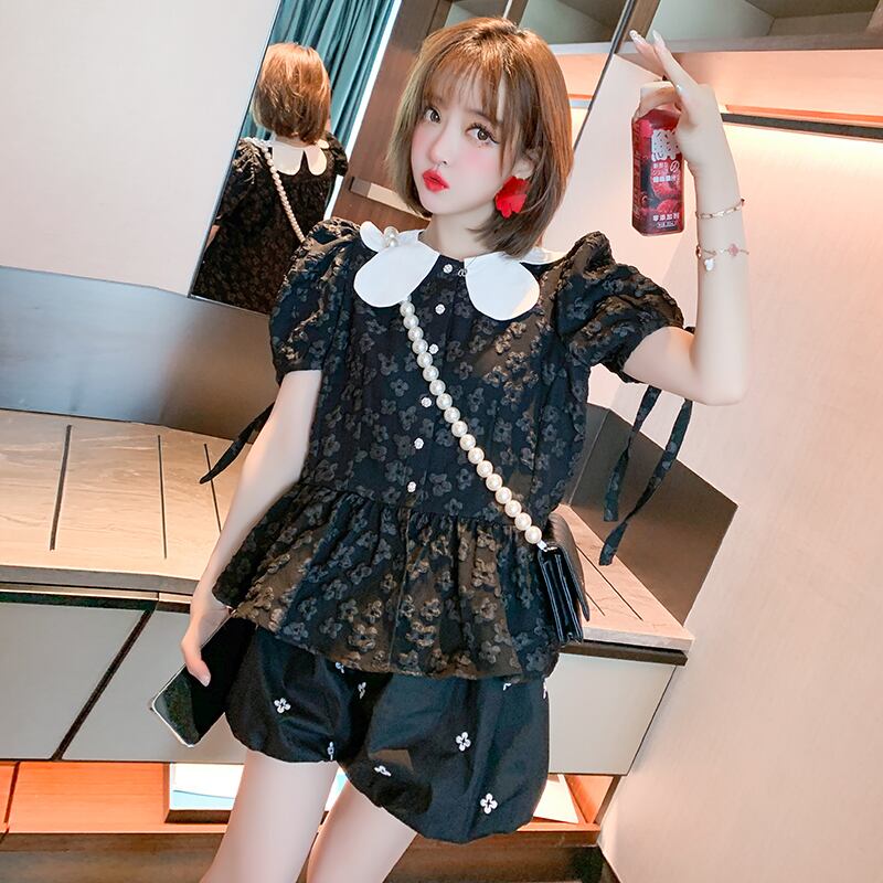 カラーレースジャカードトップス ハイウェストウェストFlowerデザイン ショーツ ブルマー フラワーデザイン MIUCO95057981292