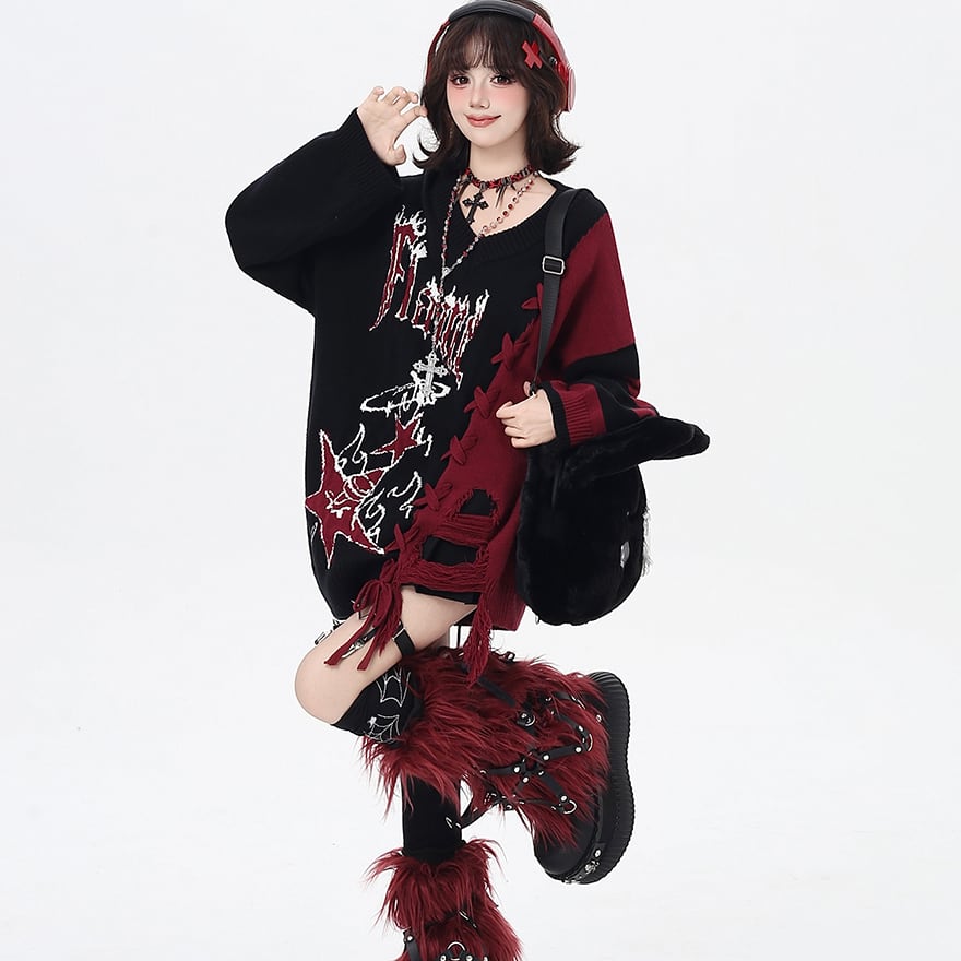 地雷系 セーター バイカラー パンクロリィタ 編み上げ レースアップ