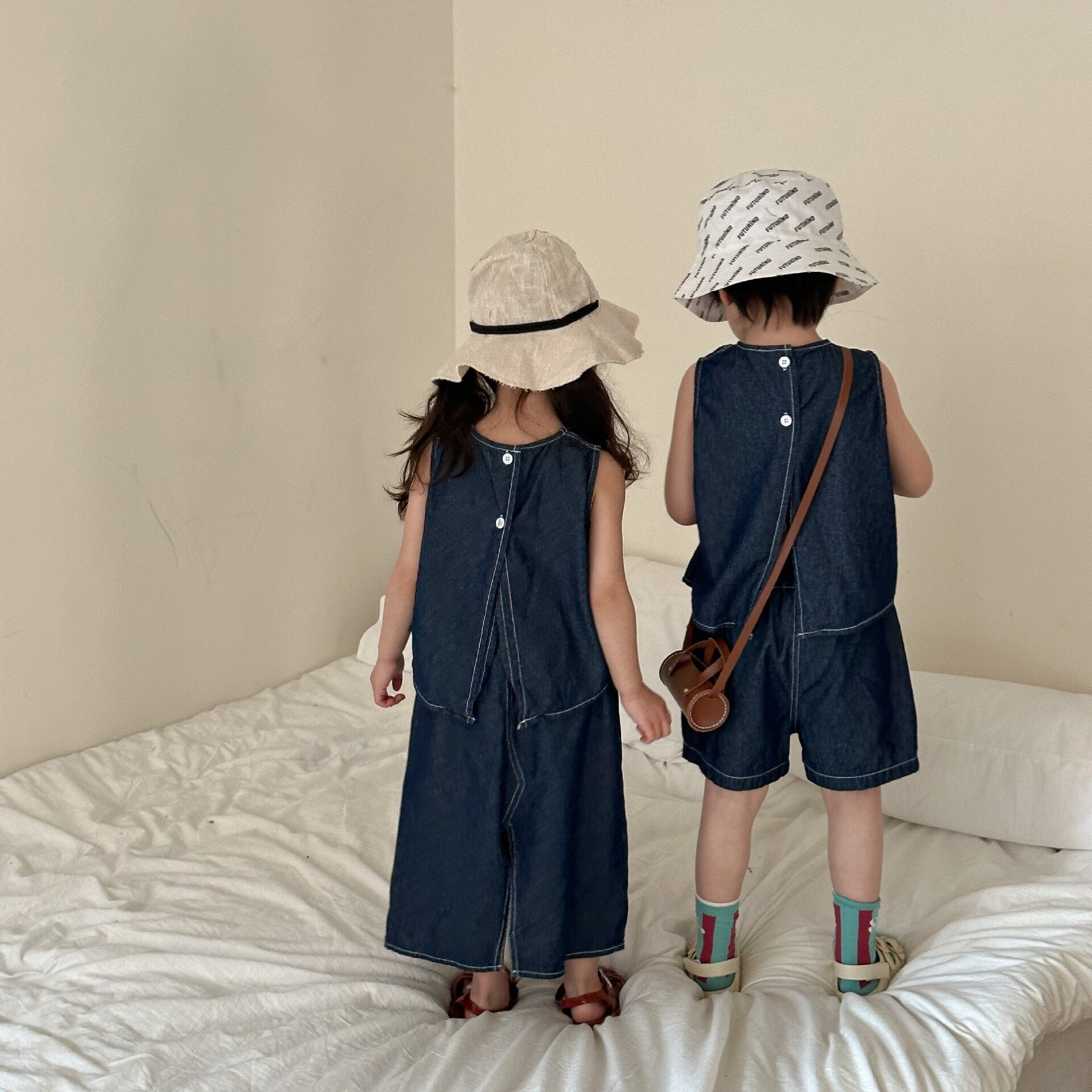 キッズ男の子女の子100％綿デニムダークブルーリンクコーデ 