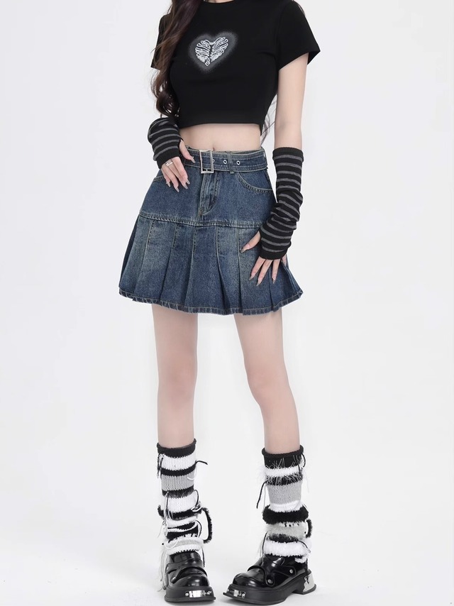 ベルト付きプリーツデニムミニスカート.2302